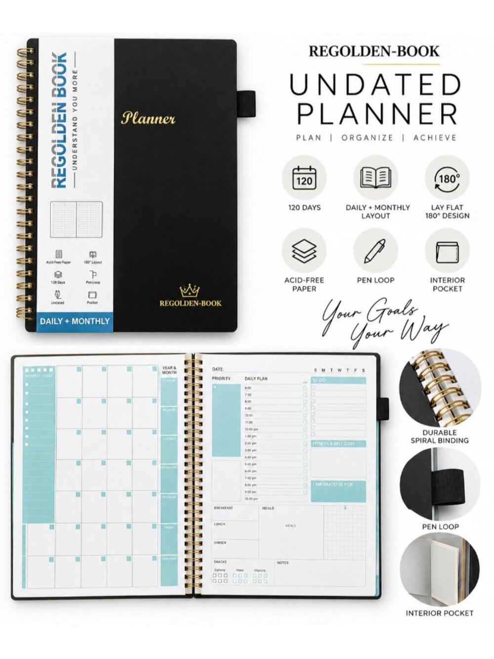 Regolden-Book Undated Daily Monthly Planner 120 Day Black Gold Spiral Organizer